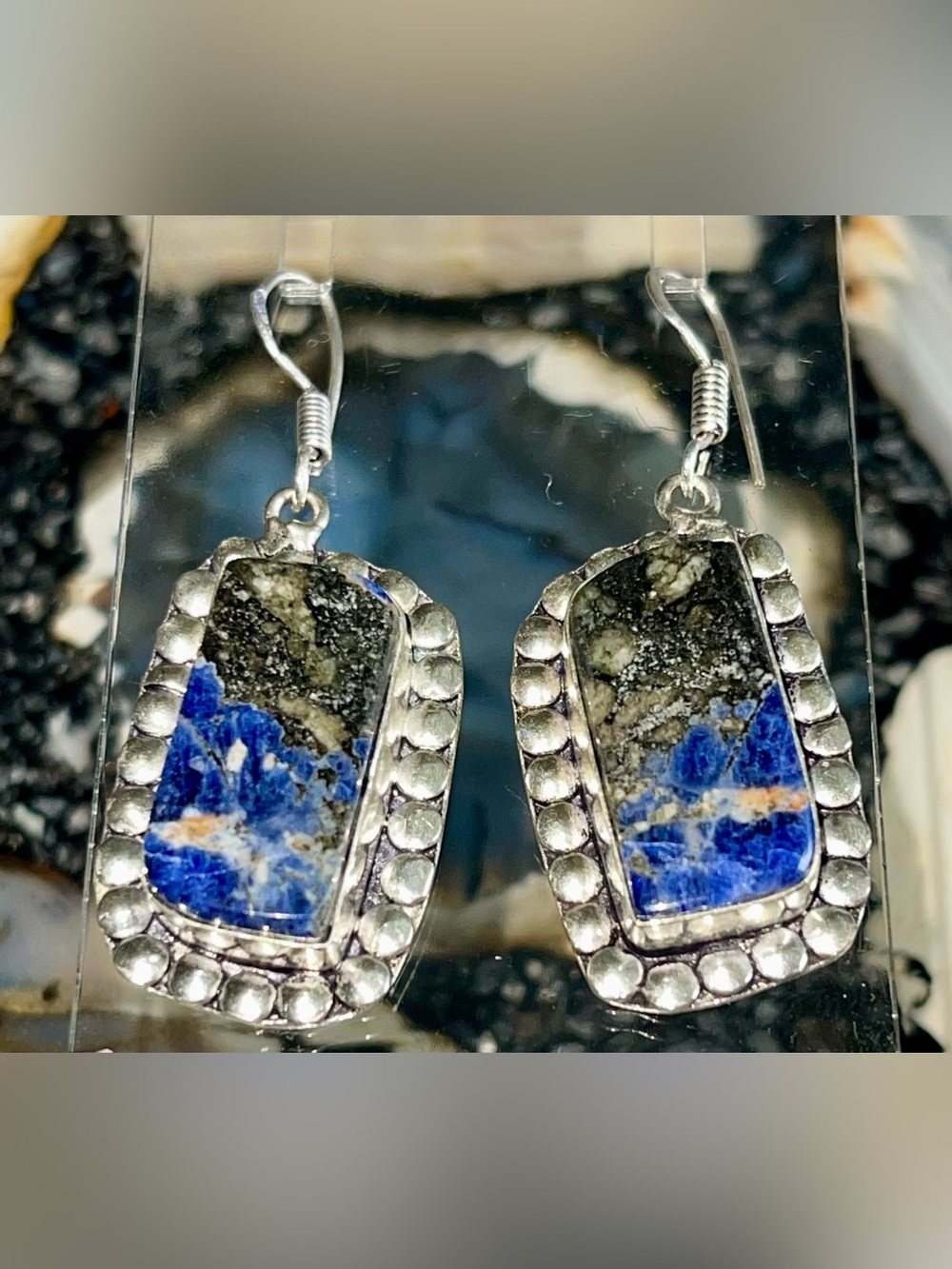 Navy Sodalite with Pyrite Earrings 2” - Picture 4 of 15